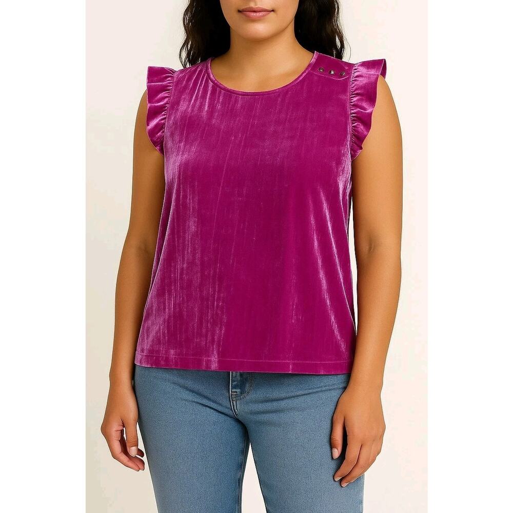 Ellen Tracy Velvet Ruffle Sleeve Blouse Medium Viola‎ Purple Stud Holiday NWT